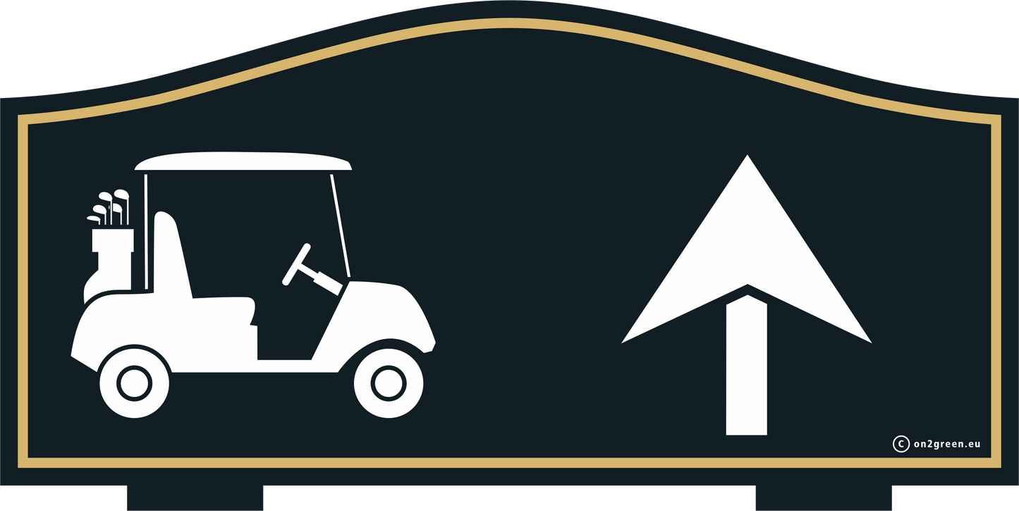 Golf Sign: NEXT TEE - golf car and up arrow