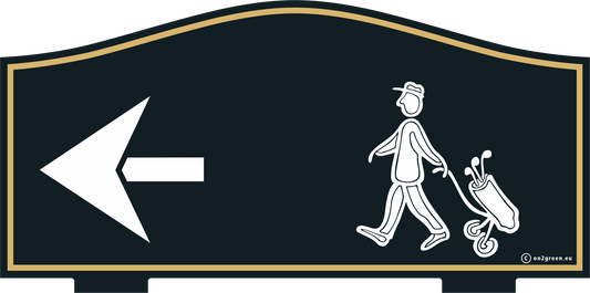 Golf Sign: NEXT TEE - golfer and left arrow