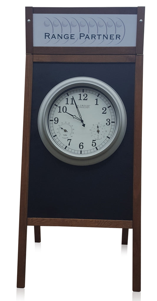 Wooden Chalkboard with clock and top for logo