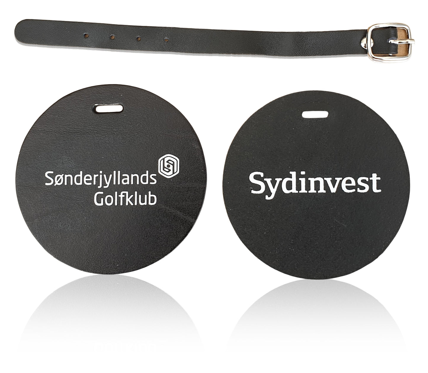 Bag tag in black leather with strap, round