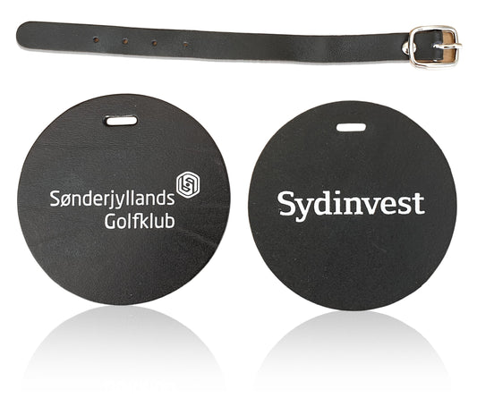 Bag tag in black leather with strap, round