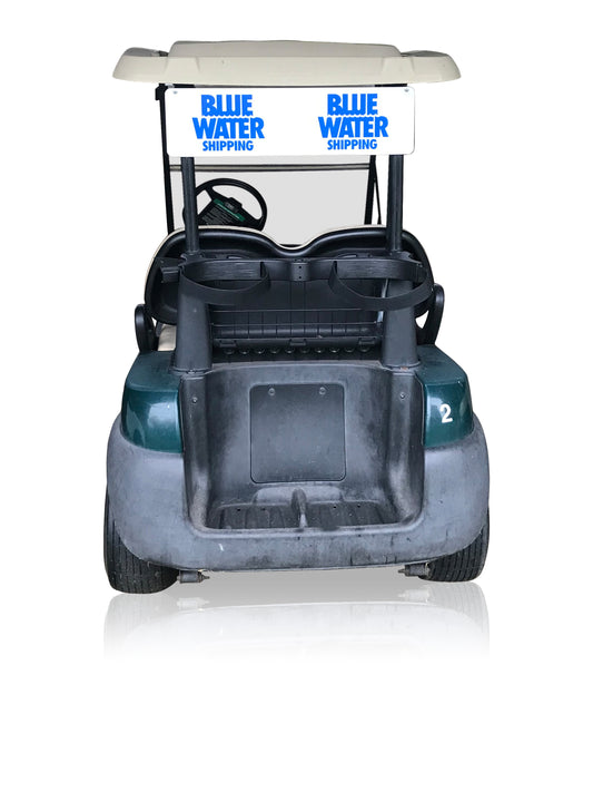 Sign plate with print to the back of a golf cart